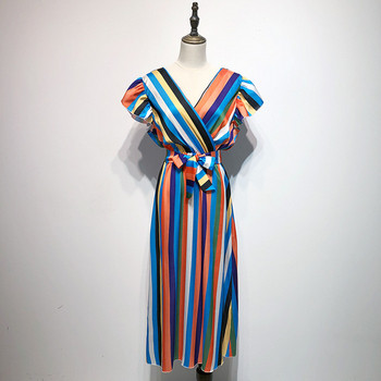 Rochie lungă în dungi, cu legături în talie și mâneci scurte lotus