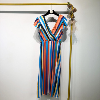 Rochie lungă în dungi, cu legături în talie și mâneci scurte lotus