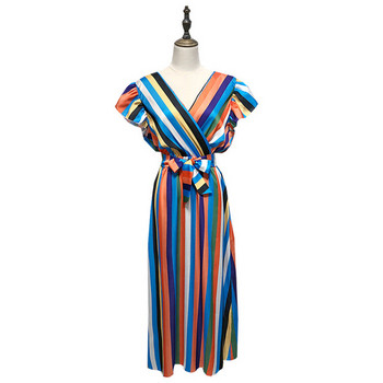 Rochie lungă în dungi, cu legături în talie și mâneci scurte lotus