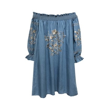 Rochie de dama cu umerii goi in albastru cu broderie