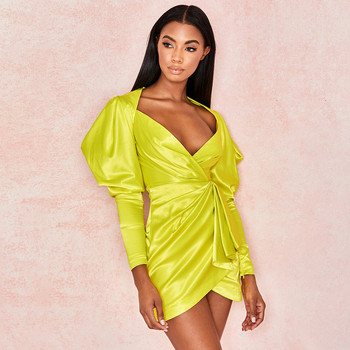 Rochie elegantă de damă, cu mâneci lungi și decolteu în V, de culoare galbenă