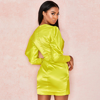 Rochie elegantă de damă, cu mâneci lungi și decolteu în V, de culoare galbenă