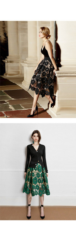 Fusta de dama eleganta din dantela in negru si verde