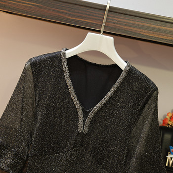 Rochie lunga de dama eleganta cu efect stralucitor in negru