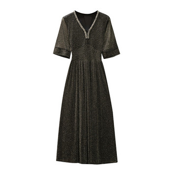 Rochie lunga de dama eleganta cu efect stralucitor in negru