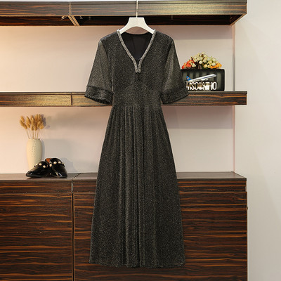 Rochie lunga de dama eleganta cu efect stralucitor in negru