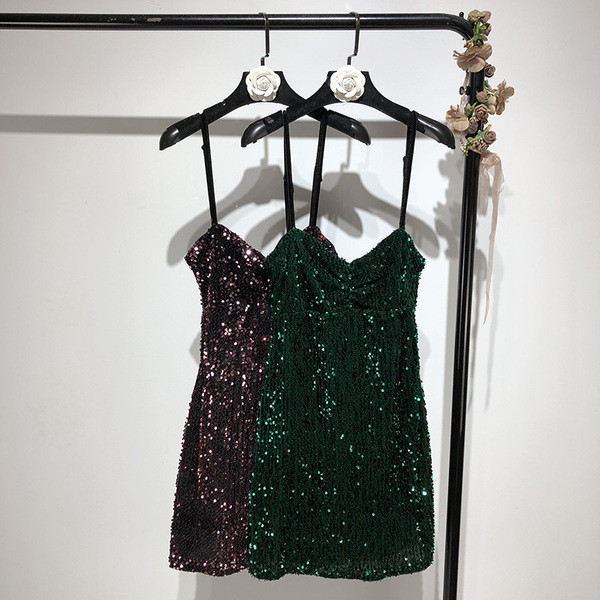 Rochie de dama cu bretele subtiri si paiete - doua culori