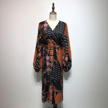 Rochie cu decolteu în V, mâneci lungi și legături în talie cu model colorat