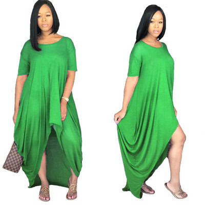 Ежедневна дамска дълга рокля асиметричен модел с къс ръкав в няколко цвята 