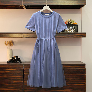 Rochie casual de dama cu maneci scurte si cravate in talie in albastru