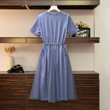 Rochie casual de dama cu maneci scurte si cravate in talie in albastru