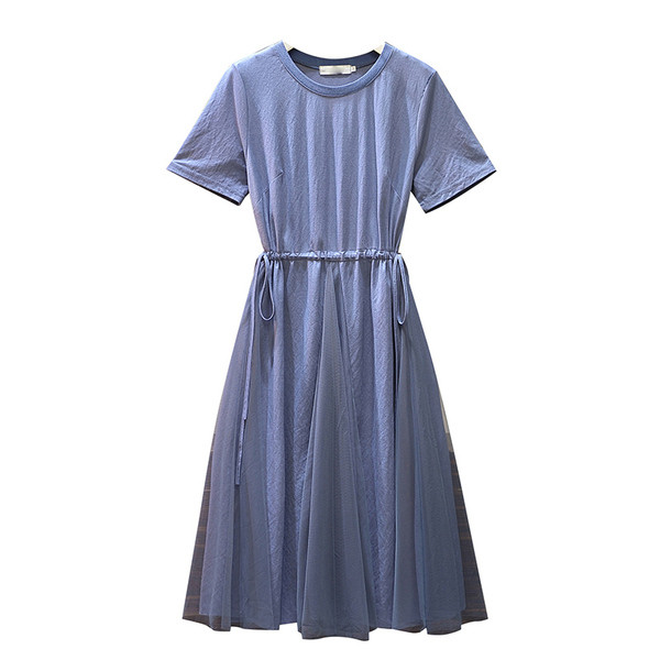 Rochie casual de dama cu maneci scurte si cravate in talie in albastru