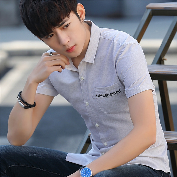 Cămașă bărbătească în două culori cu broderie și buzunar