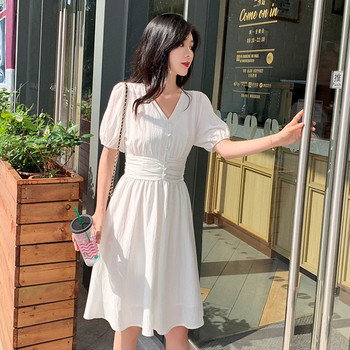 Rochie casual de dama in alb si galben cu maneci scurte