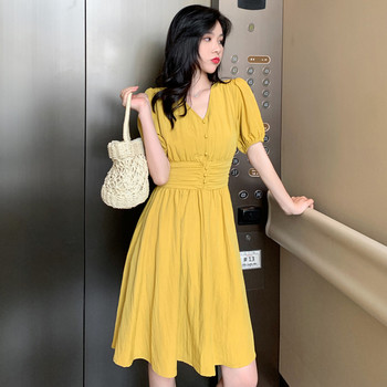 Rochie casual de dama in alb si galben cu maneci scurte