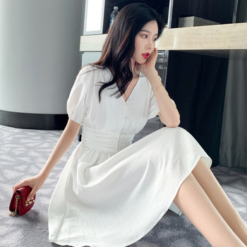 Rochie casual de dama in alb si galben cu maneci scurte