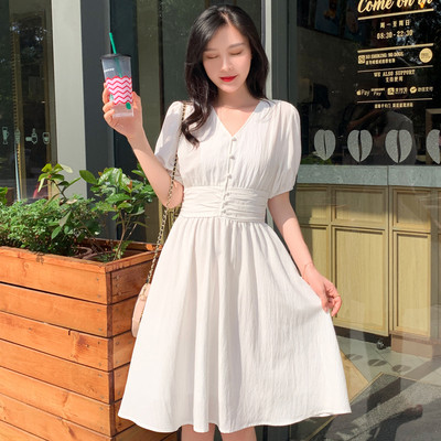 Rochie casual de dama in alb si galben cu maneci scurte