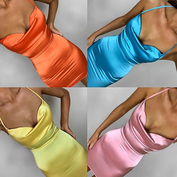 Rochie de dama stilata din satin cu bretele subtiri in mai multe culori