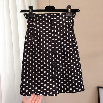 Fusta casual de dama cu buline cu talie inalta in alb si negru