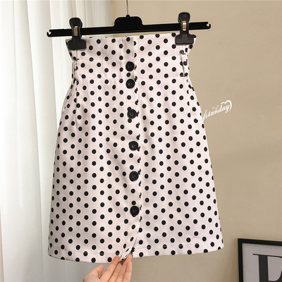 Fusta casual de dama cu buline cu talie inalta in alb si negru