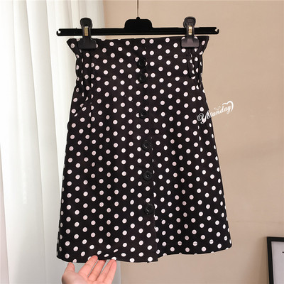 Fusta casual de dama cu buline cu talie inalta in alb si negru