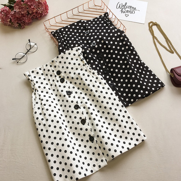 Fusta casual de dama cu buline cu talie inalta in alb si negru