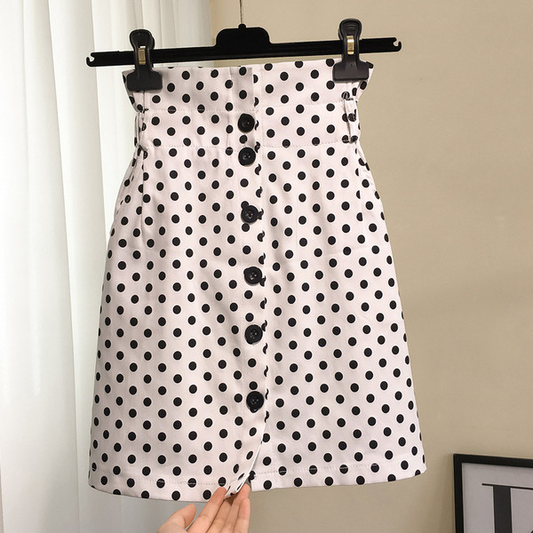 Fusta casual de dama cu buline cu talie inalta in alb si negru