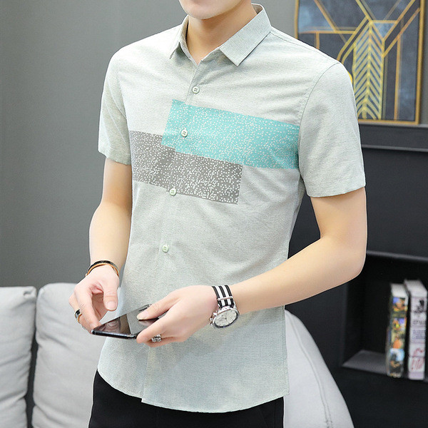 Cămașă actuală pentru bărbați cu mâneci scurte - în verde și albastru