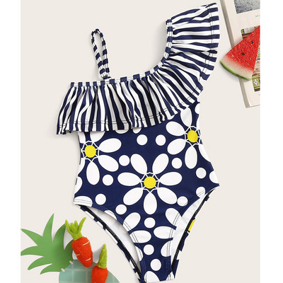 Costum de baie intreg pentru fete cu motive florale in albastru