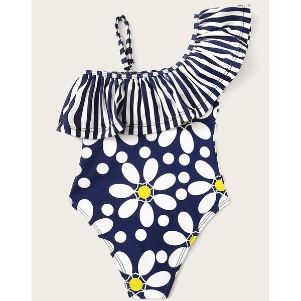 Costum de baie intreg pentru fete cu motive florale in albastru