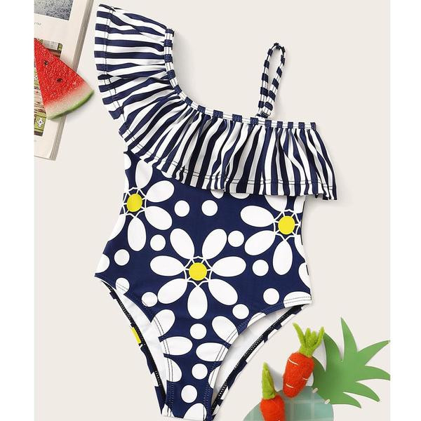 Costum de baie intreg pentru fete cu motive florale in albastru