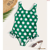 Costum de baie intreg pentru fete pentru copii cu puncte verzi