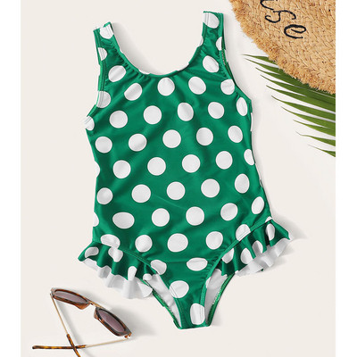 Costum de baie intreg pentru fete pentru copii cu puncte verzi