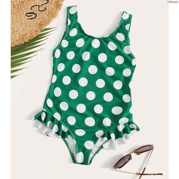 Costum de baie intreg pentru fete pentru copii cu puncte verzi