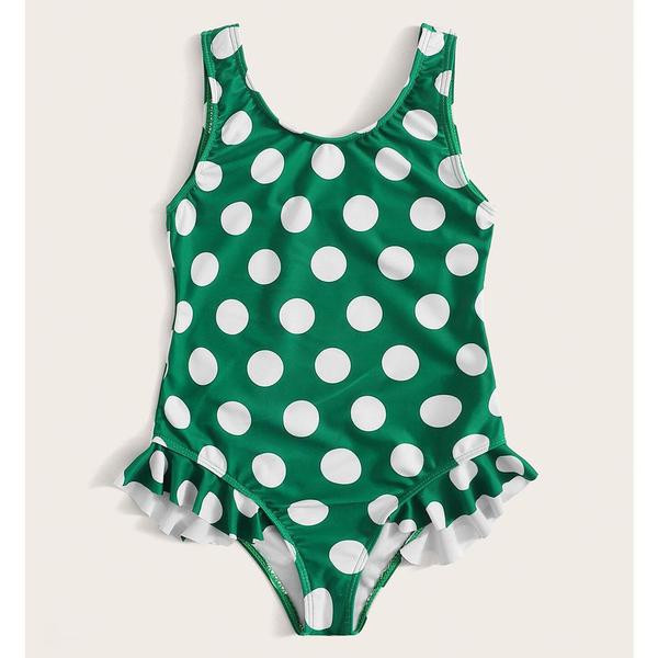 Costum de baie intreg pentru fete pentru copii cu puncte verzi
