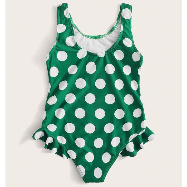 Costum de baie intreg pentru fete pentru copii cu puncte verzi