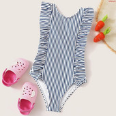 Costum de baie intreg pentru copii in dungi cu bretele largi