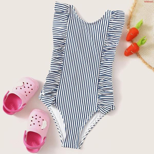 Costum de baie intreg pentru copii in dungi cu bretele largi