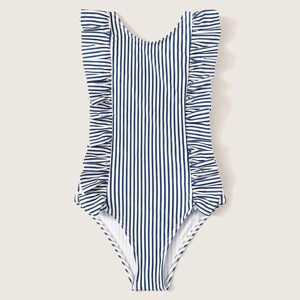 Costum de baie intreg pentru copii in dungi cu bretele largi