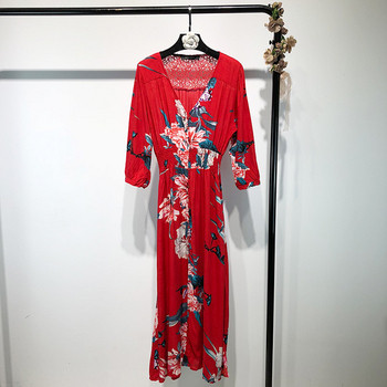 Rochie lunga de dama cu maneci 7/8 in rosu cu model