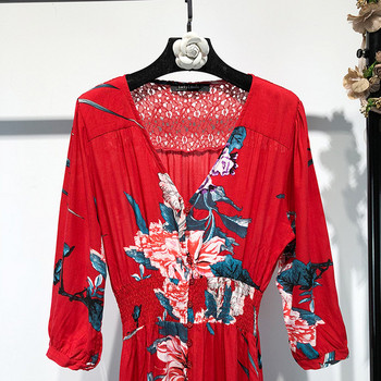 Rochie lunga de dama cu maneci 7/8 in rosu cu model