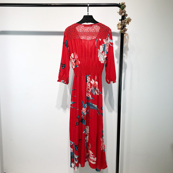 Rochie lunga de dama cu maneci 7/8 in rosu cu model