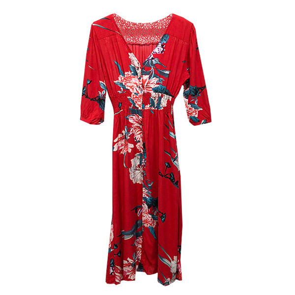 Rochie lunga de dama cu maneci 7/8 in rosu cu model