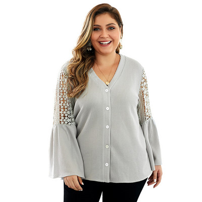 Bluză de damă modernă cu mâneci lotus în verde, gri și albastru