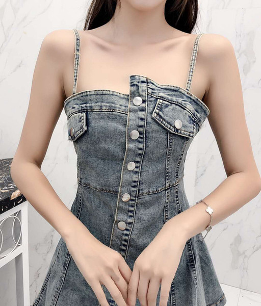 Fusta de dama actuala din denim cu bretele subtiri