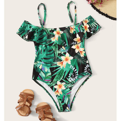 Costum de baie actual pentru copii cu bretele subtiri si model floral