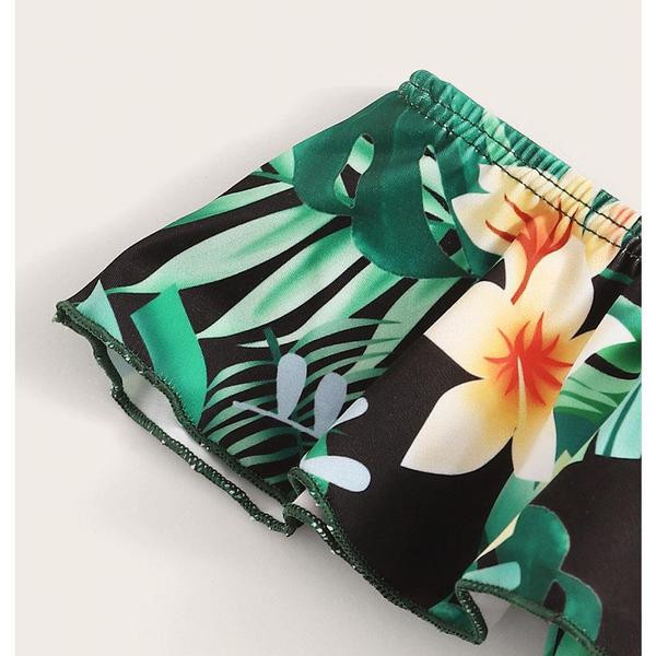 Costum de baie actual pentru copii cu bretele subtiri si model floral