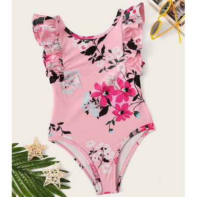 Costum de baie intreg pentru fete pentru copii in roz cu model floral
