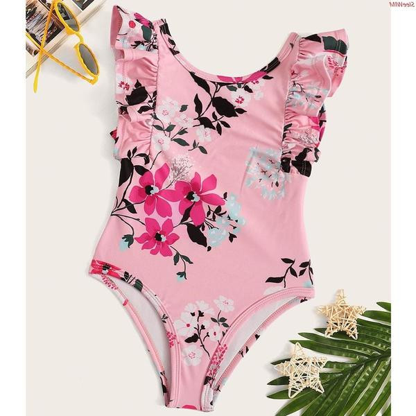 Costum de baie intreg pentru fete pentru copii in roz cu model floral