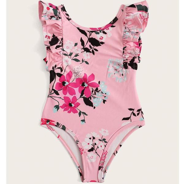 Costum de baie intreg pentru fete pentru copii in roz cu model floral